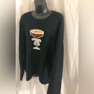 Cece rich black chocolate martini printed sequined bow relaxed fit fuzzy sweater